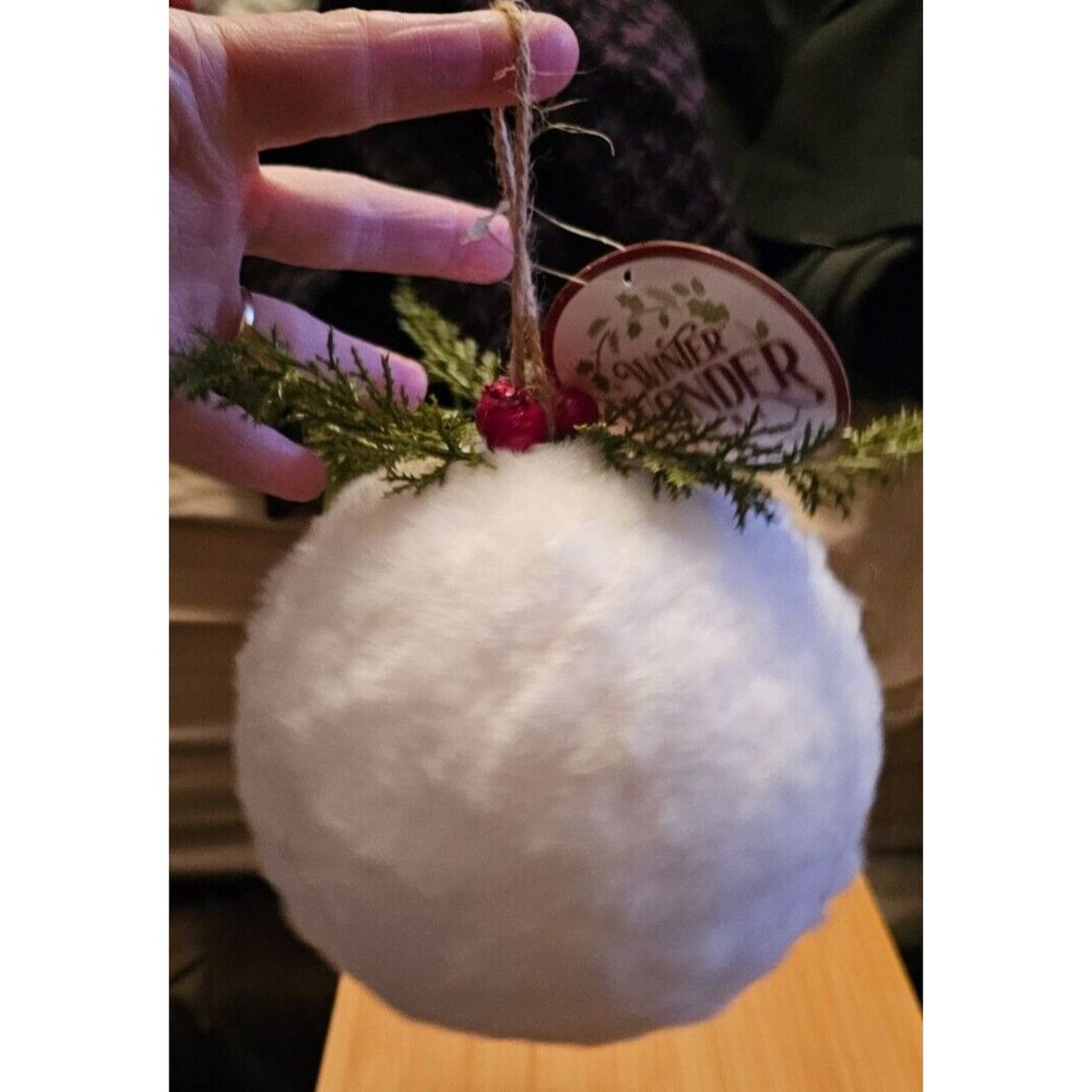 5.9" White Snowball Mistletoe Holly Burlap Jumbo Ball Ornament NEW